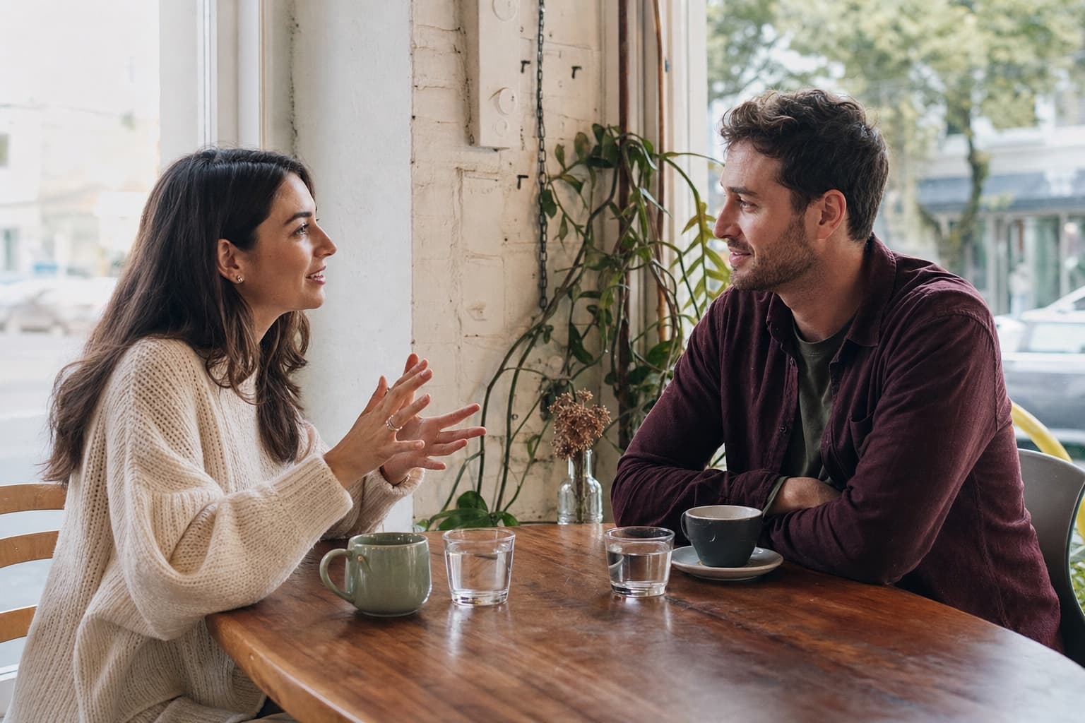 A woman and a man having a calm conversation at a cafe.
